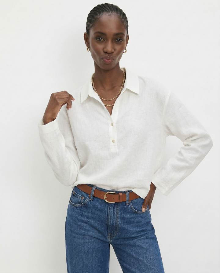 Women's 100% Linen Polo Collar Pullover – Relaxed Oversized Fit