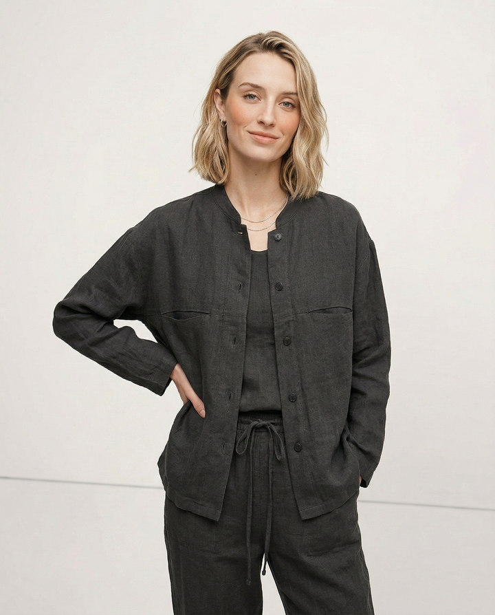 Women's Linen Longline Jacket Stand Collar – Horn Buttons