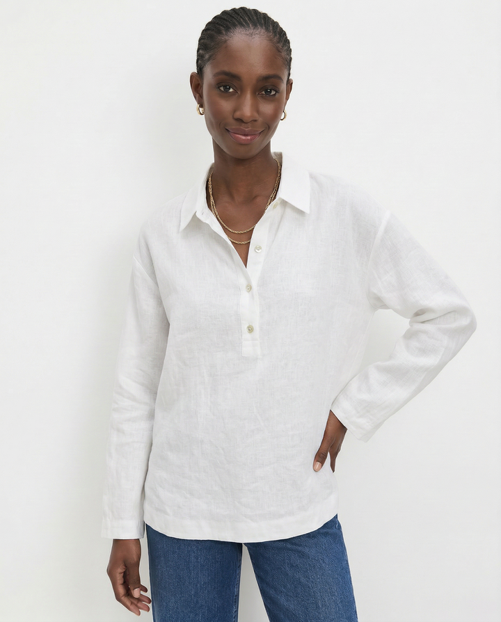 Women's 100% Linen Polo Collar Pullover – Relaxed Oversized Fit