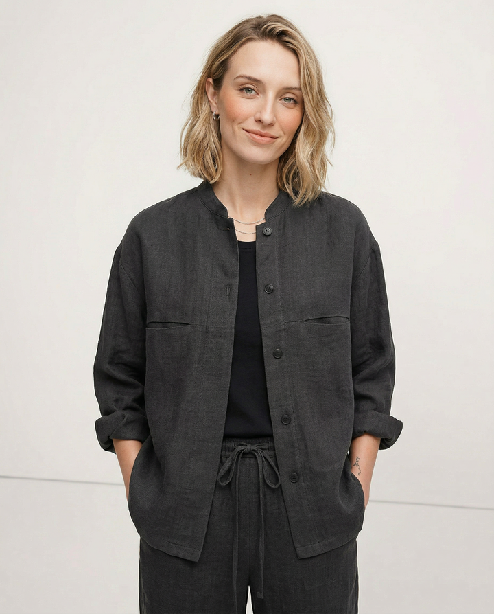 Women's Linen Longline Jacket Stand Collar – Horn Buttons
