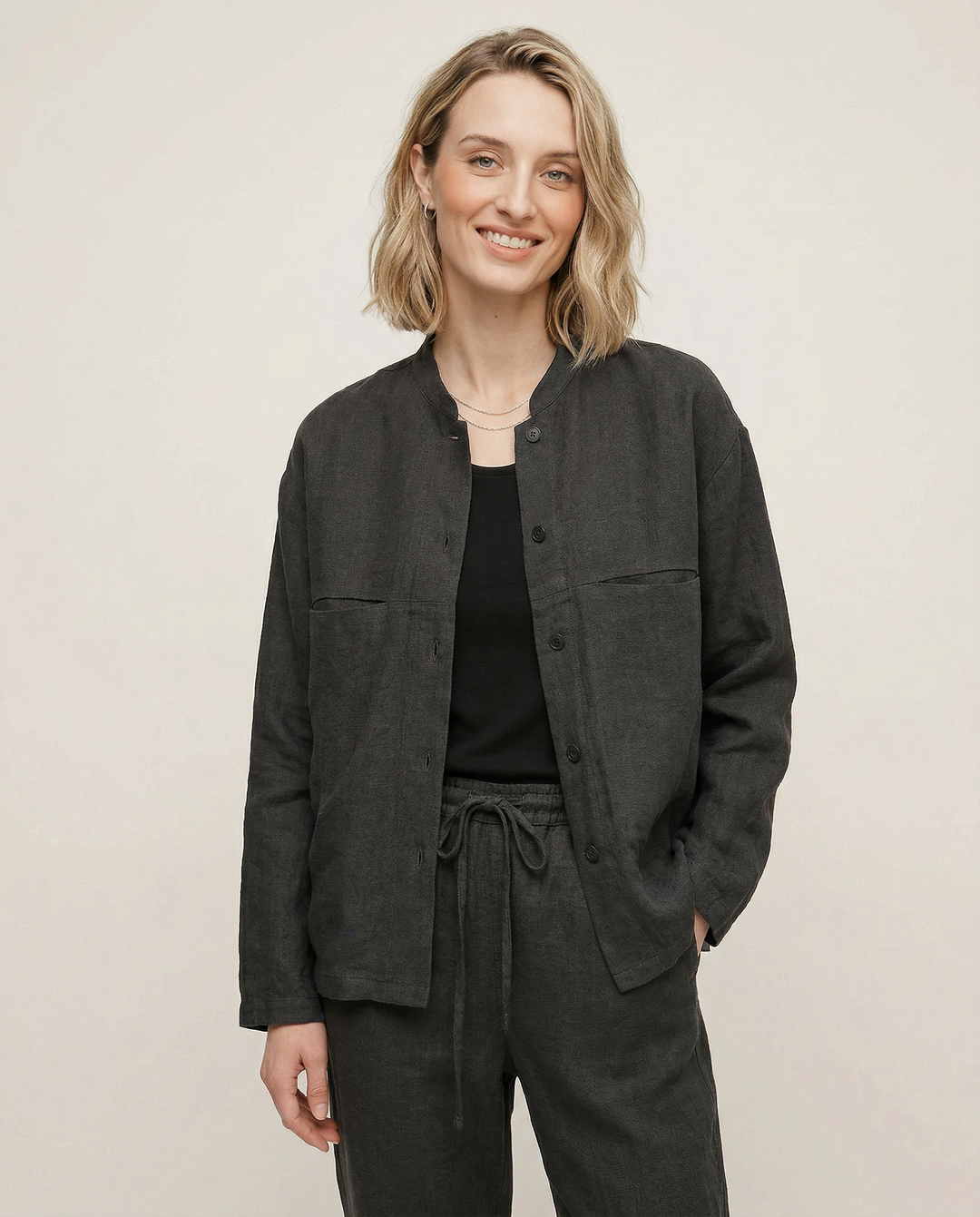 Women's Linen Longline Jacket Stand Collar – Horn Buttons