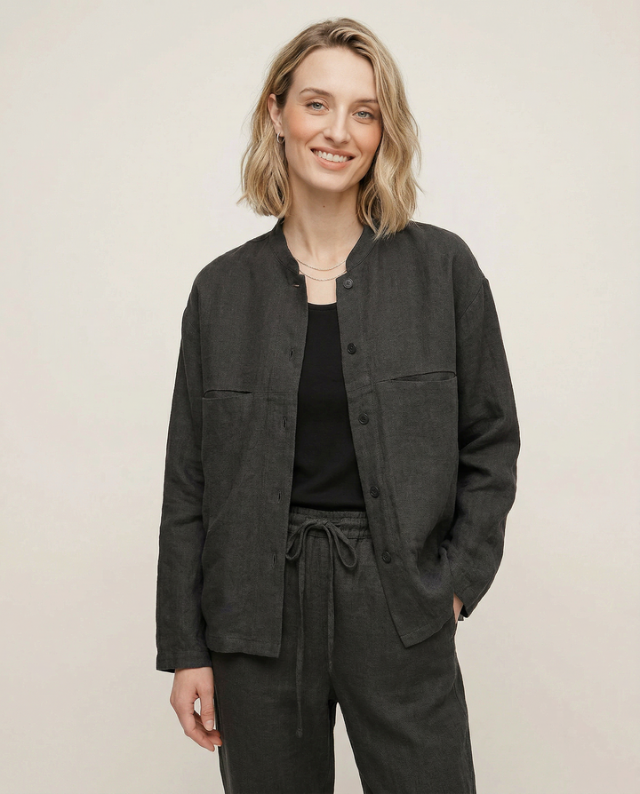 Women's Linen Longline Jacket Stand Collar – Horn Buttons