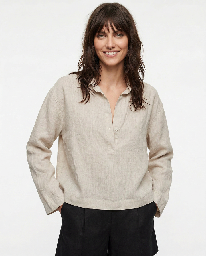Women's 100% Linen Polo Collar Pullover – Relaxed Oversized Fit