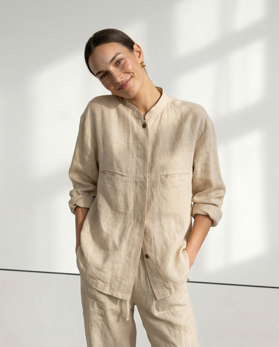 Women's Linen Longline Jacket Stand Collar – Horn Buttons