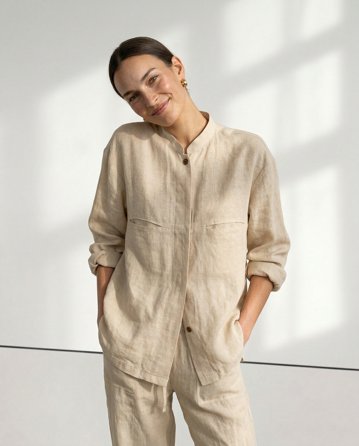 Women's Linen Longline Jacket Stand Collar – Horn Buttons