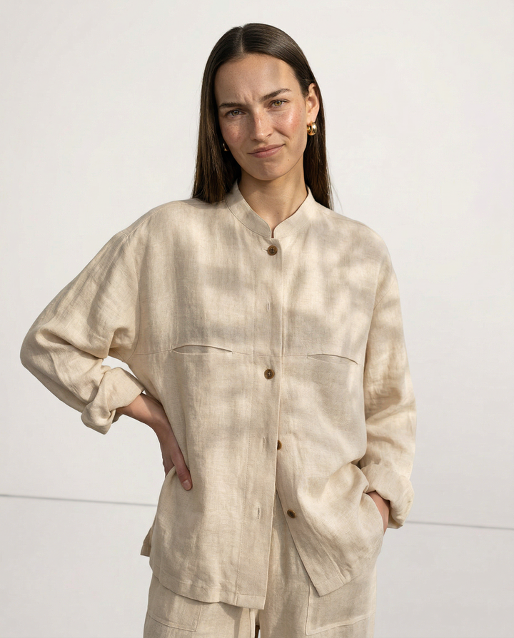Women's Linen Longline Jacket Stand Collar – Horn Buttons