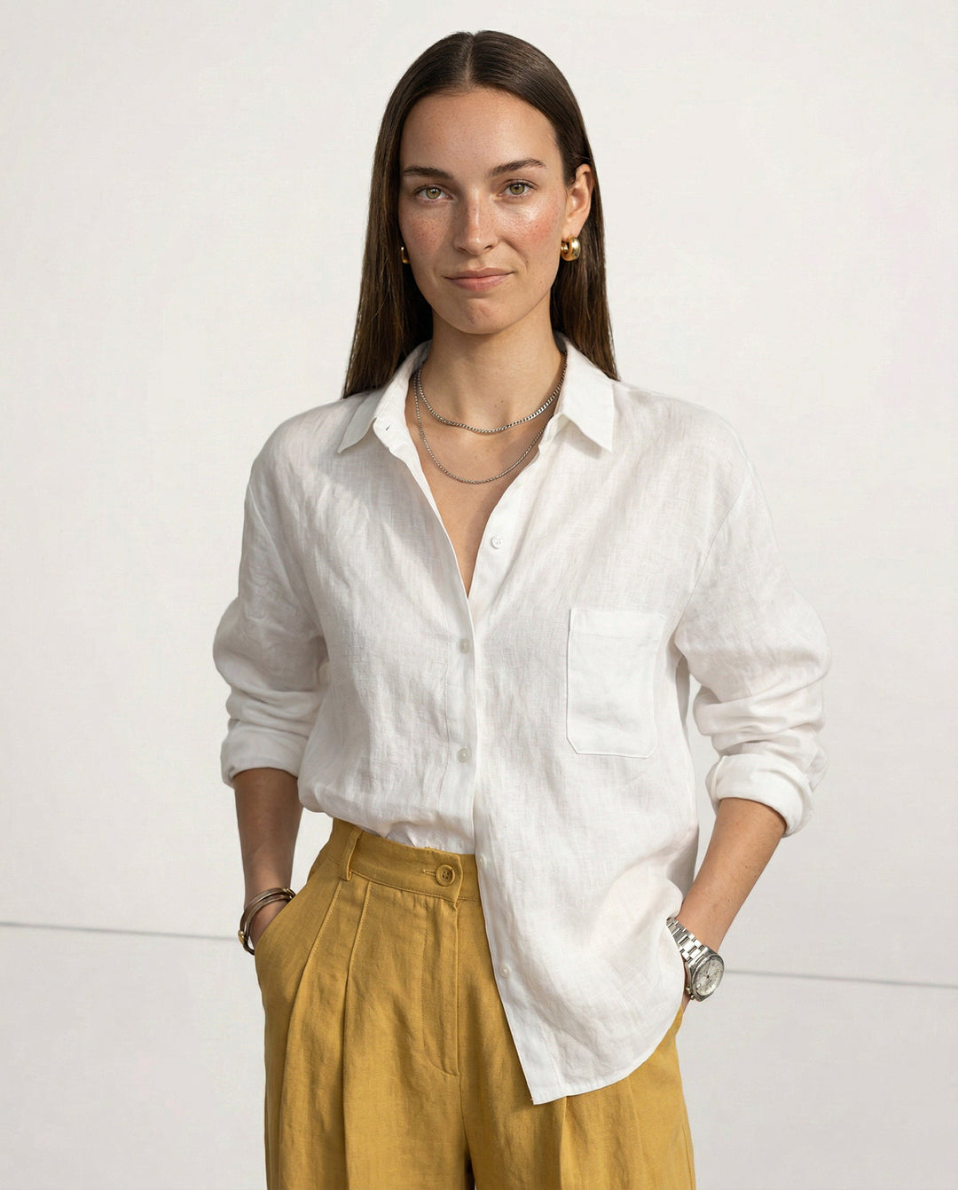 Women's Soft Linen Blend Open Collar Shirt – Relaxed Oversized Fit