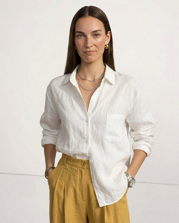 Women's Soft Linen Blend Open Collar Shirt – Relaxed Oversized Fit
