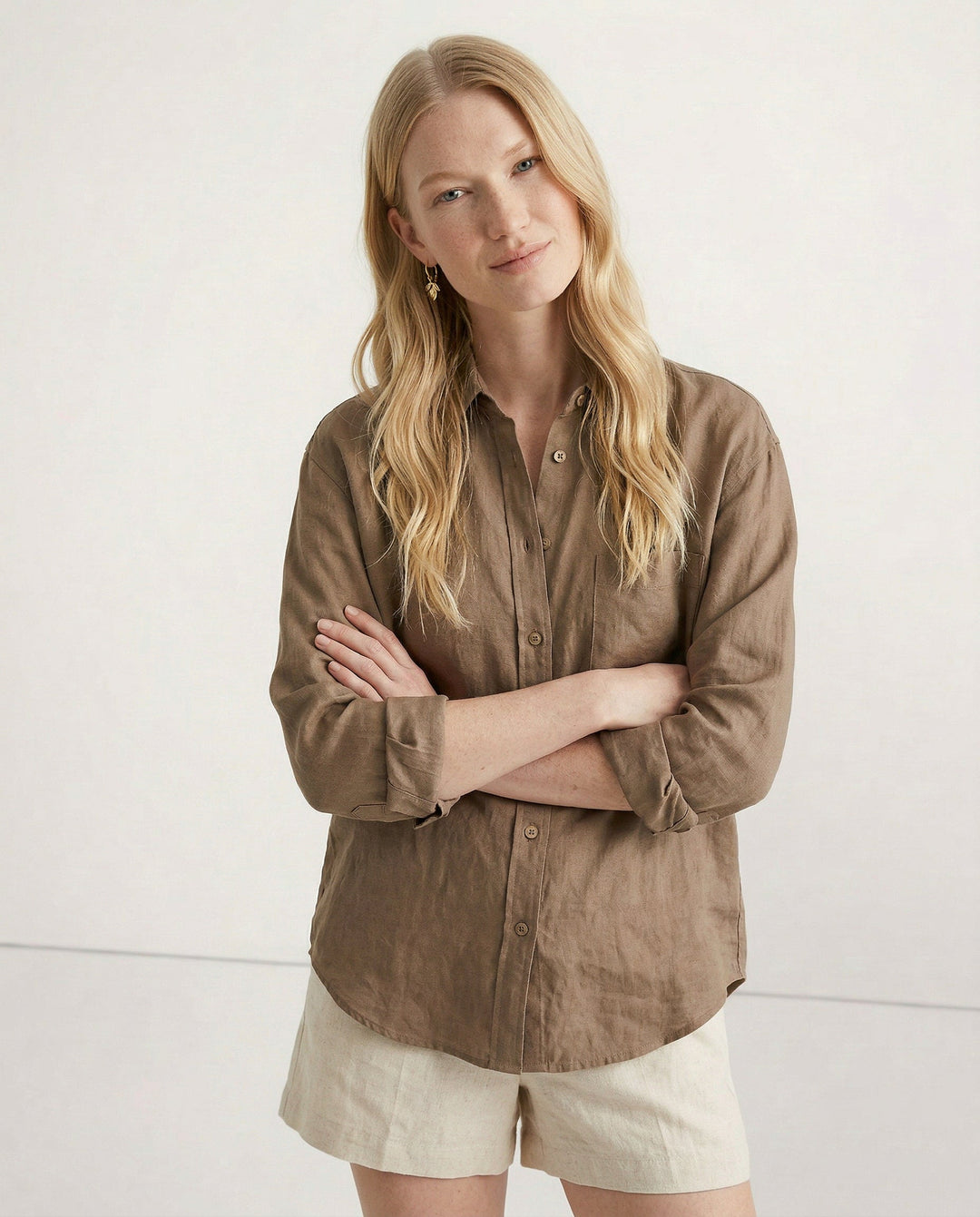 Women's Soft Linen Blend Open Collar Shirt – Relaxed Oversized Fit