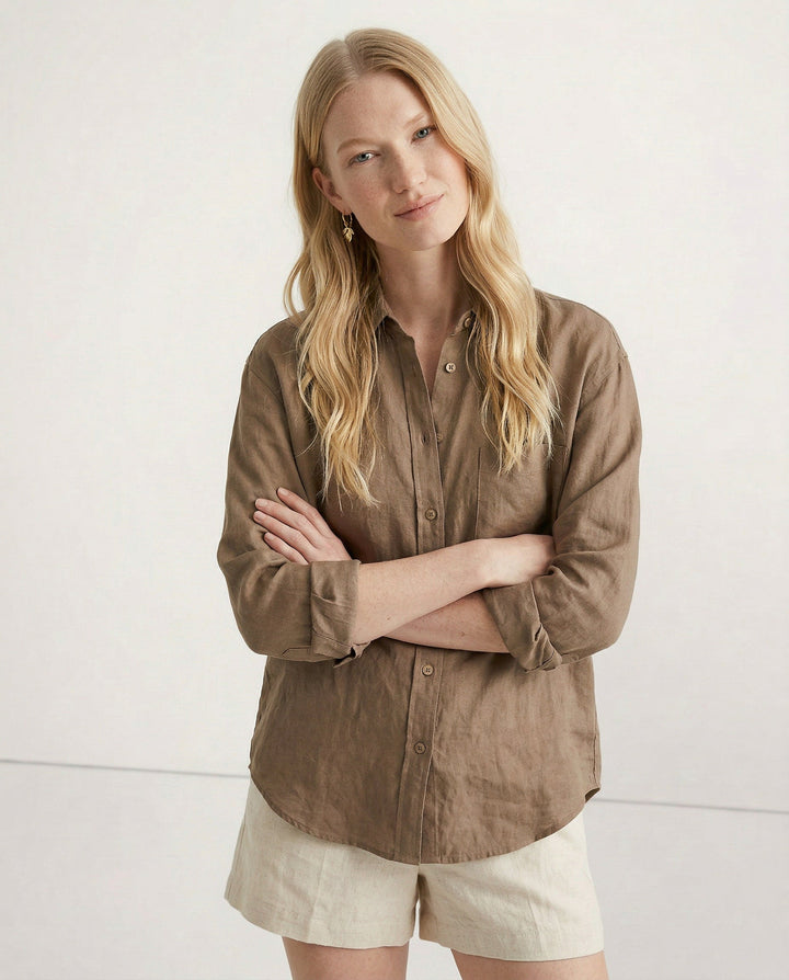 Women's Soft Linen Blend Open Collar Shirt – Relaxed Oversized Fit