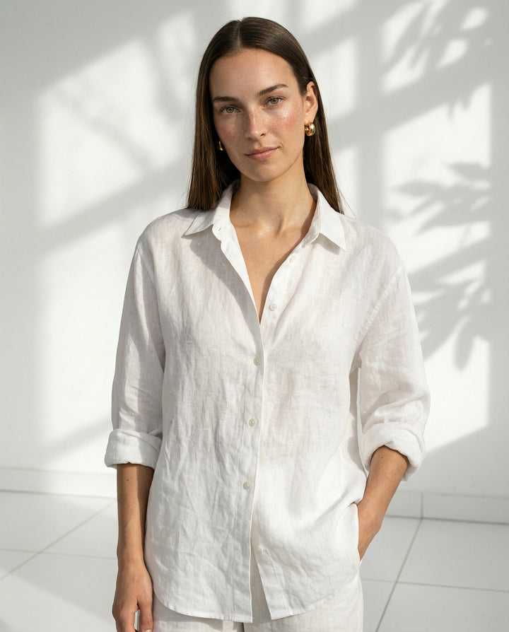 Women's Soft Linen Blend Open Collar Shirt – Relaxed Oversized Fit