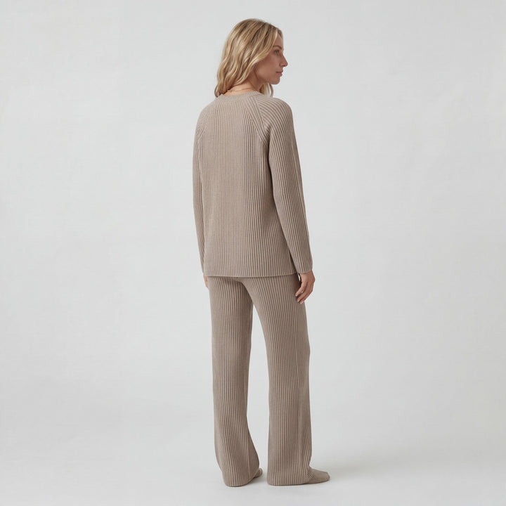 Women's Soft Ribbed Knit Co-Ord Long Sleeve Top – Wide Leg Pants