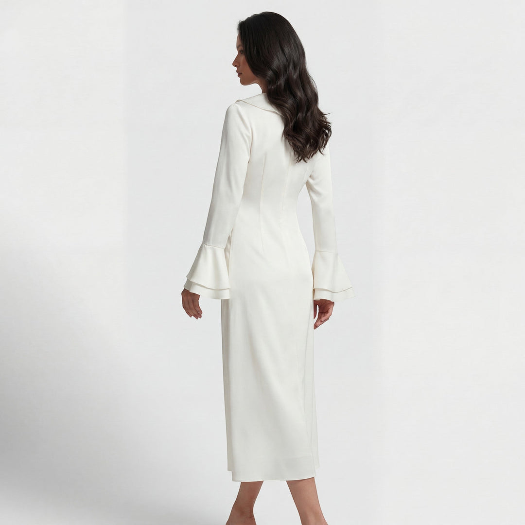 Women's Woven Midi Dress Fitted A-Line – Ruffle Collar Flared Sleeves