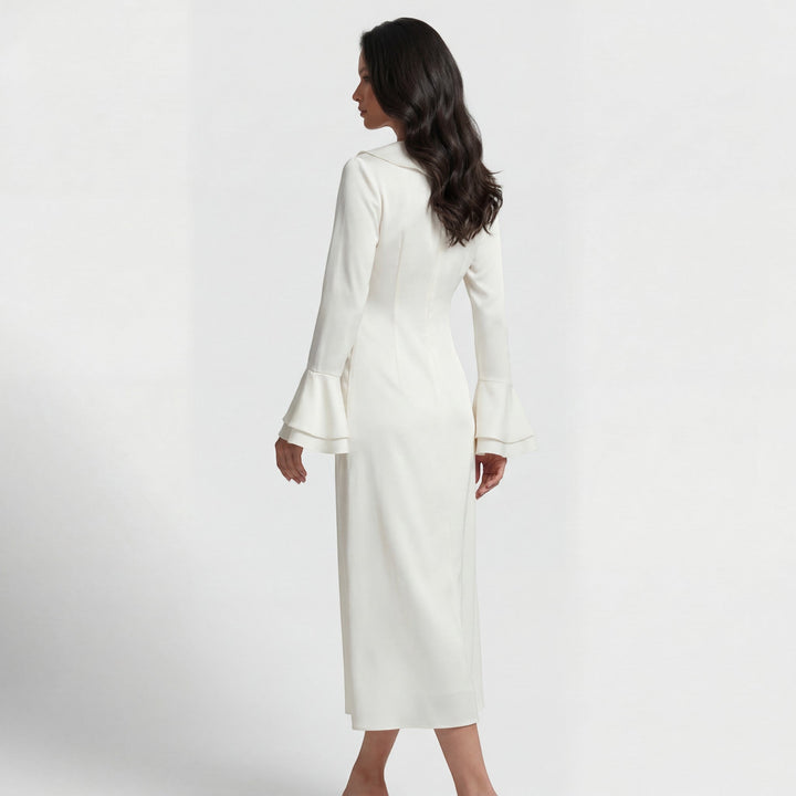 Women's Woven Midi Dress Fitted A-Line – Ruffle Collar Flared Sleeves