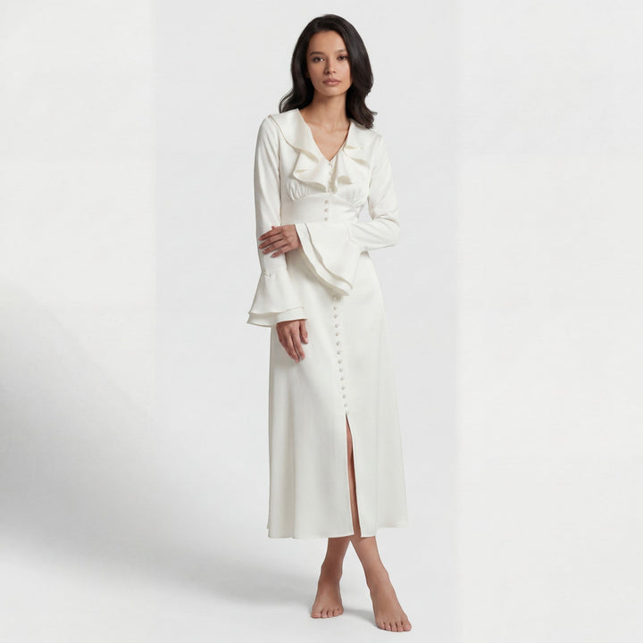 Women's Woven Midi Dress Fitted A-Line – Ruffle Collar Flared Sleeves