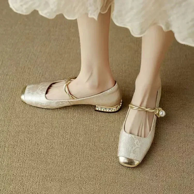 Women's Jacquard Mary Jane Pumps – Pearl Strap Crystal Square Heel