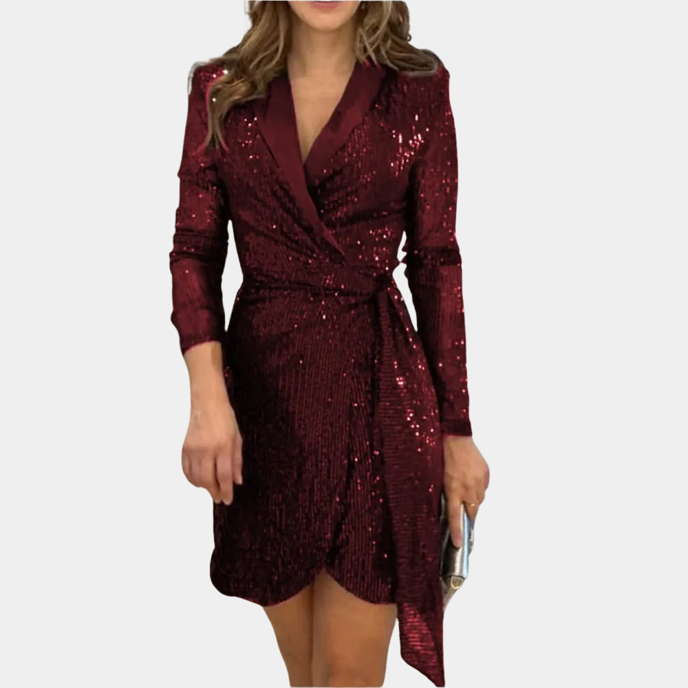 Women's Sequin Blazer Mini Dress Deep V-Neck – Belted Asymmetric Hem