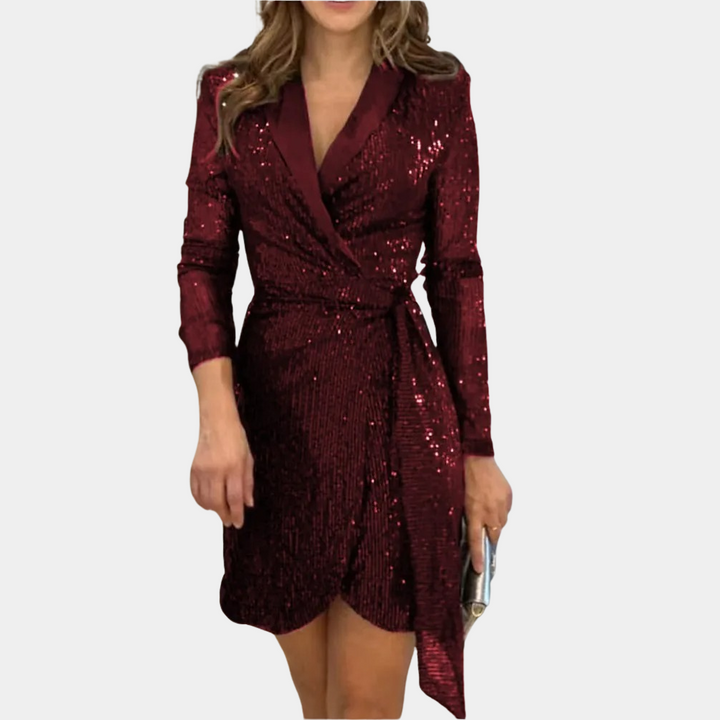 Women's Sequin Blazer Mini Dress Deep V-Neck – Belted Asymmetric Hem