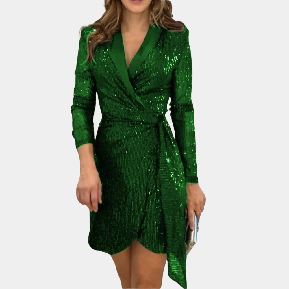 Women's Sequin Blazer Mini Dress Deep V-Neck – Belted Asymmetric Hem