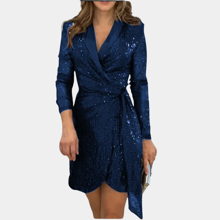Women's Sequin Blazer Mini Dress Deep V-Neck – Belted Asymmetric Hem