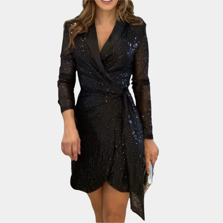 Women's Sequin Blazer Mini Dress Deep V-Neck – Belted Asymmetric Hem