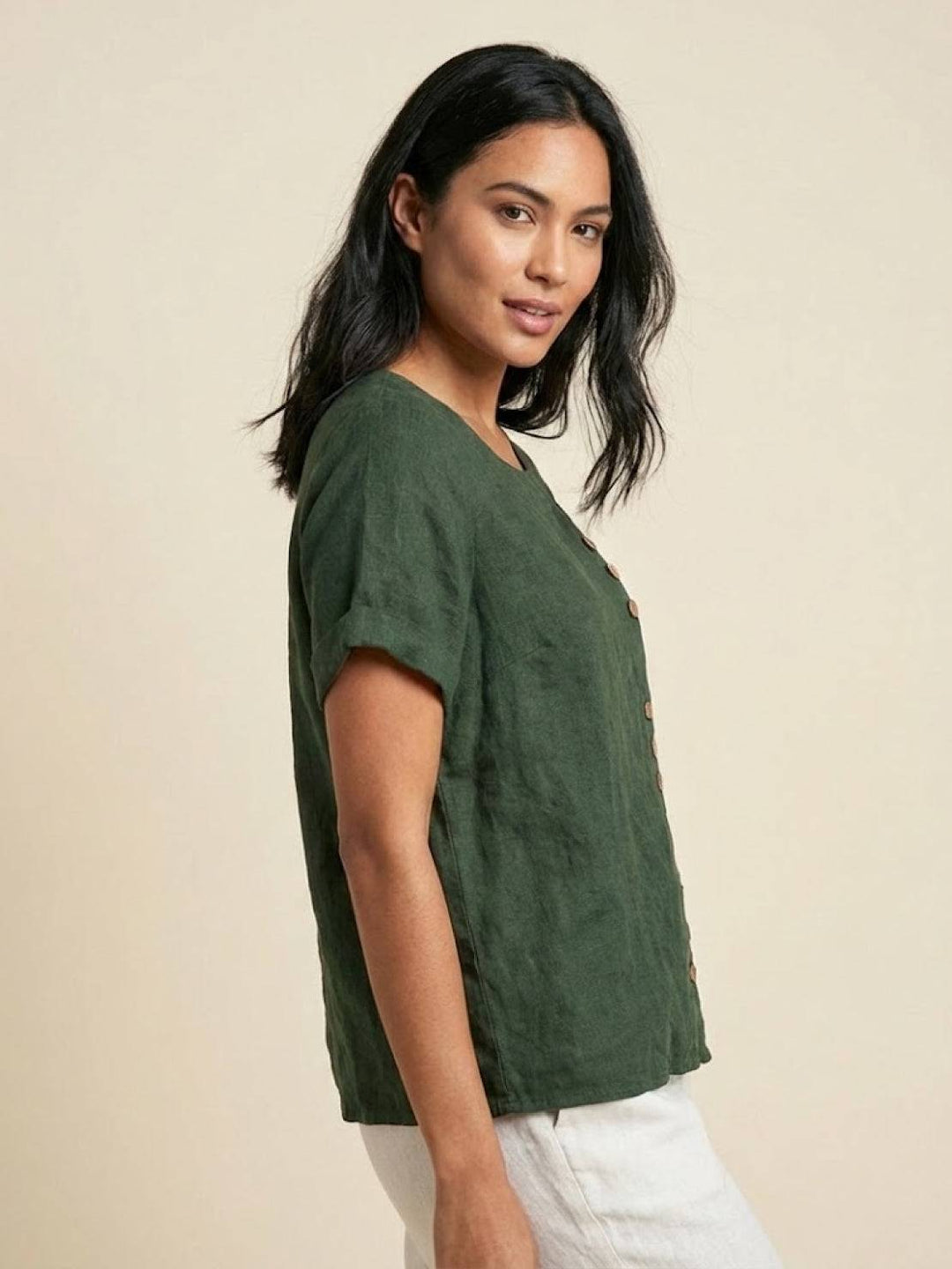 Women's Linen Blouse Round Neck Short Sleeve – Relaxed Breathable