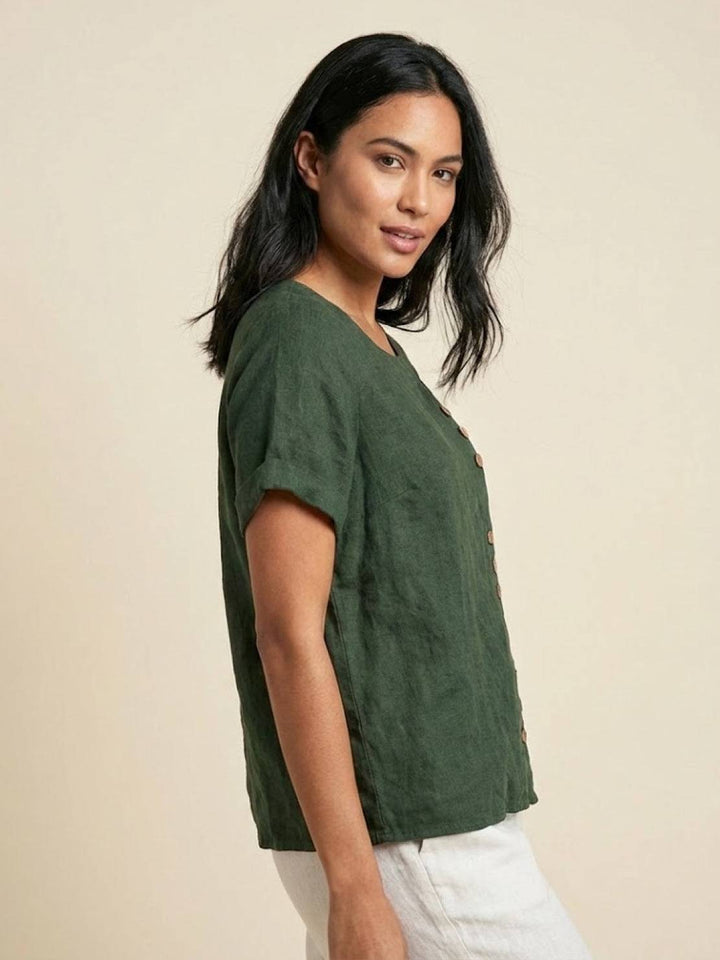 Women's Linen Blouse Round Neck Short Sleeve – Relaxed Breathable