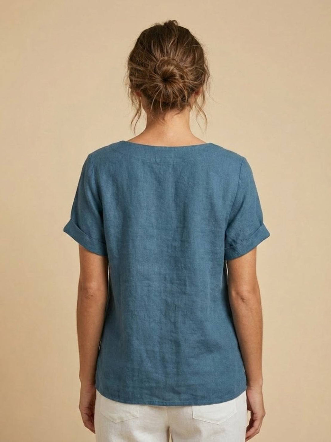 Women's Linen Blouse Round Neck Short Sleeve – Relaxed Breathable