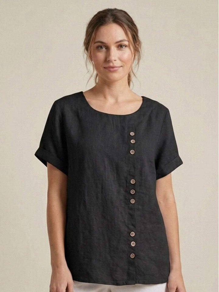 Women's Linen Blouse Round Neck Short Sleeve – Relaxed Breathable
