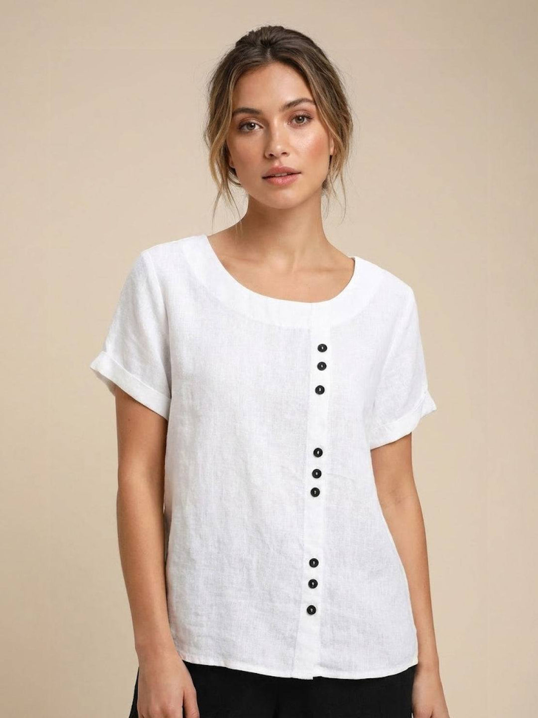 Women's Linen Blouse Round Neck Short Sleeve – Relaxed Breathable