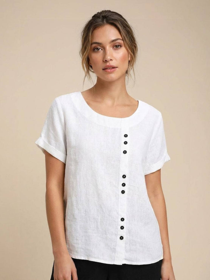 Women's Linen Blouse Round Neck Short Sleeve – Relaxed Breathable