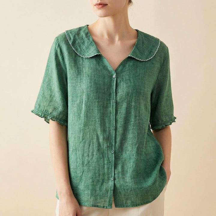 Women's Cotton-Linen Blend Blouse – Oversized Scalloped Collar