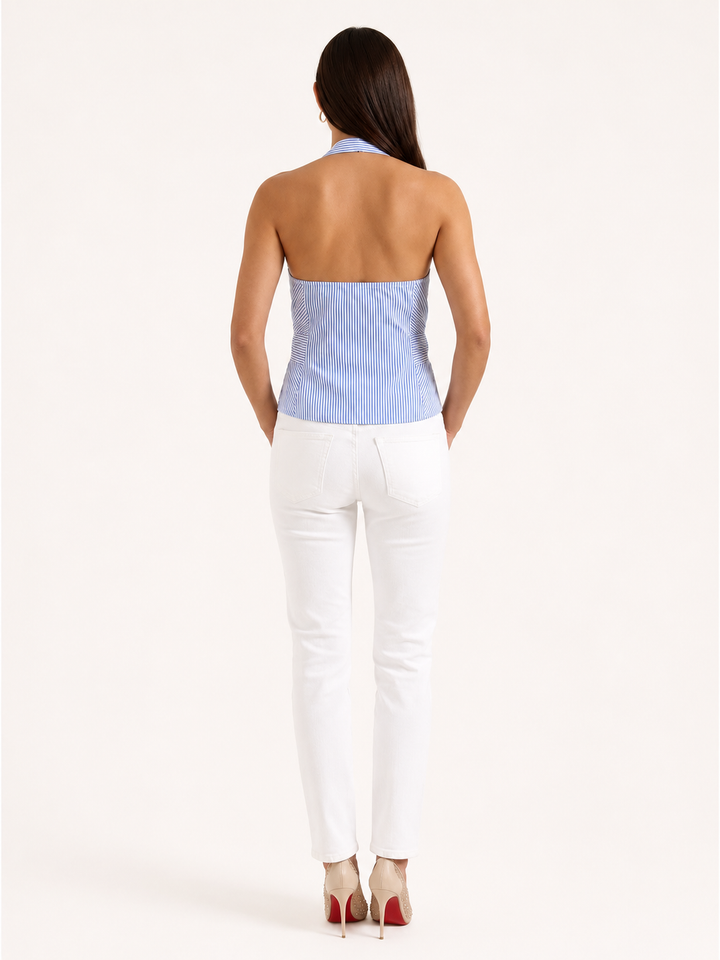Women's Sleeveless Wrap Blouse – Striped Shawl Collar & Tie Waist