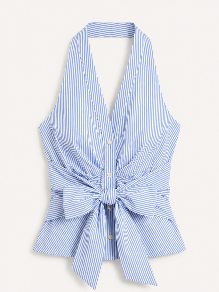 Women's Sleeveless Wrap Blouse – Striped Shawl Collar & Tie Waist
