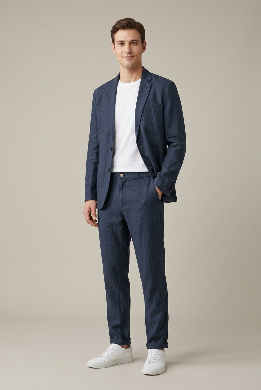 Men's Linen Blazer & Trouser Set – Single-Button Elastic Waist