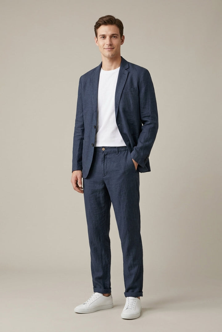 Men's Linen Blazer & Trouser Set – Single-Button Elastic Waist