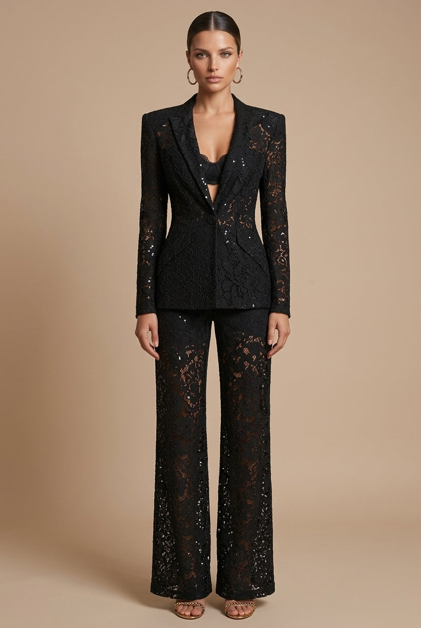 Women's Floral Lace Two-Piece Suit – Peplum Blazer Wide-Leg Trousers