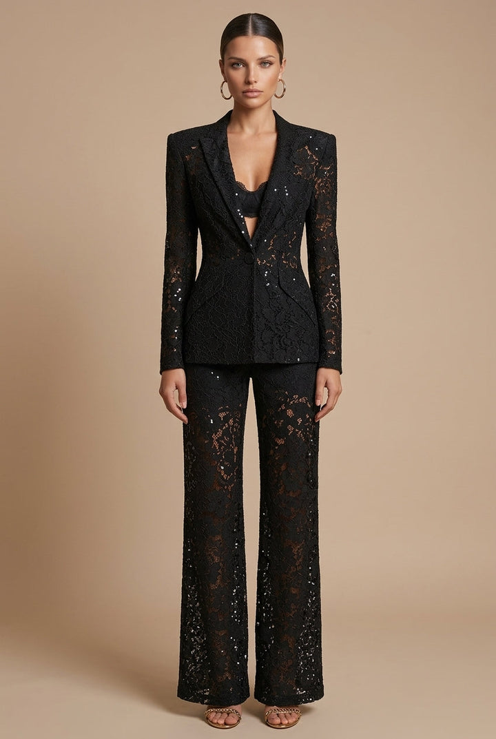 Women's Floral Lace Two-Piece Suit – Peplum Blazer Wide-Leg Trousers
