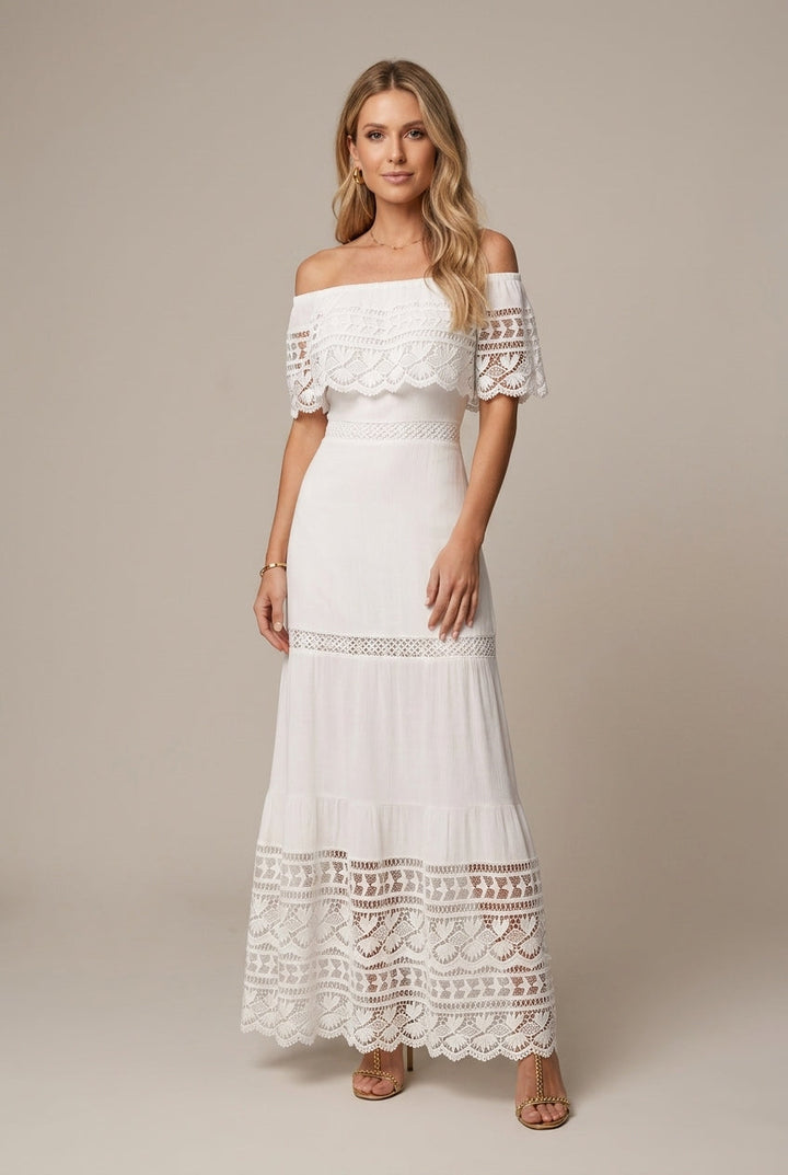 Women's Off Shoulder Lace Maxi Dress – Tiered Ruffle Sleeves