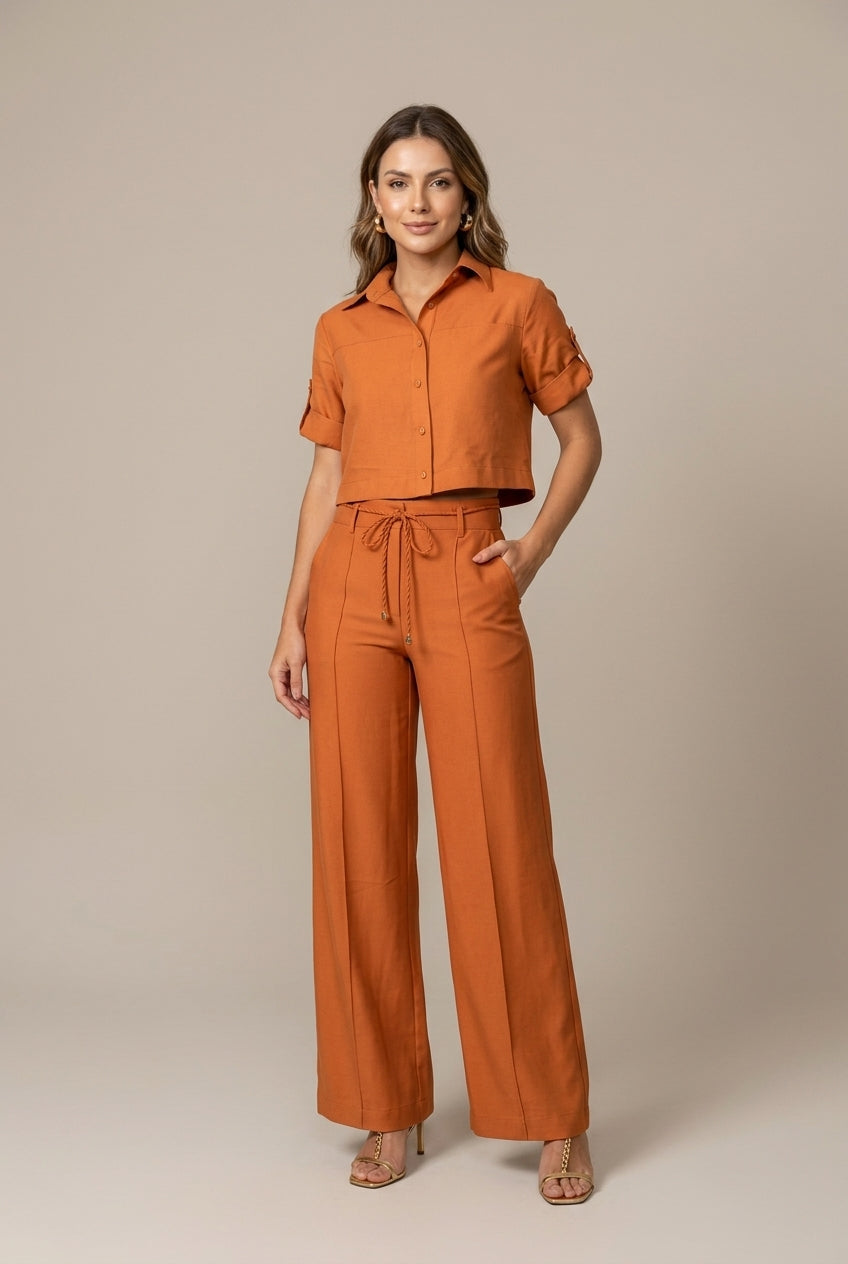 Women's Button-Up Shirt & Wide Leg Trousers Two Piece Set