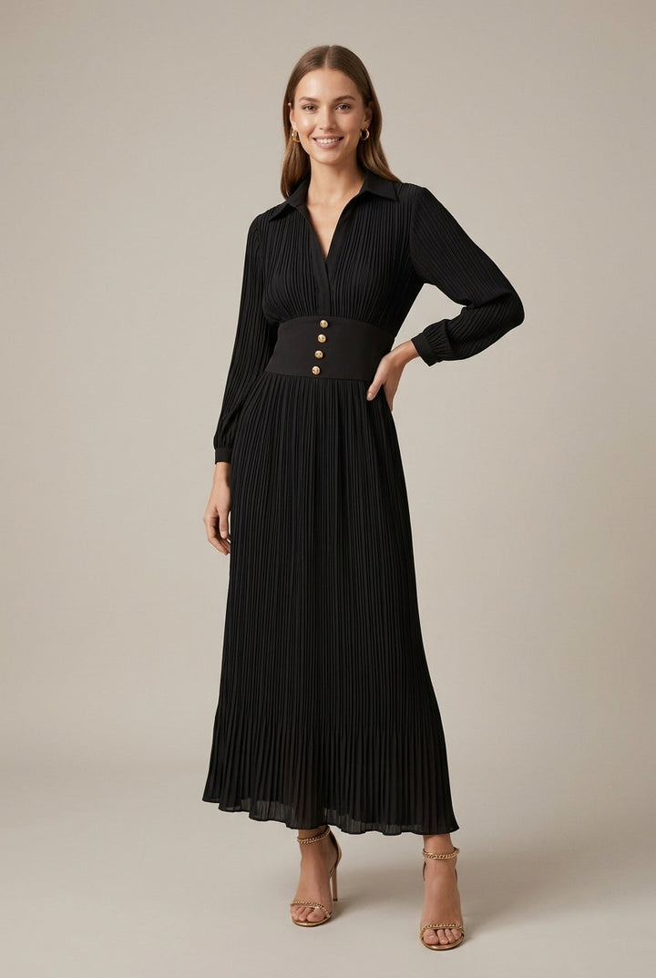 Women's Pleated Maxi Dress – V-Neck Long Sleeve Button Waist