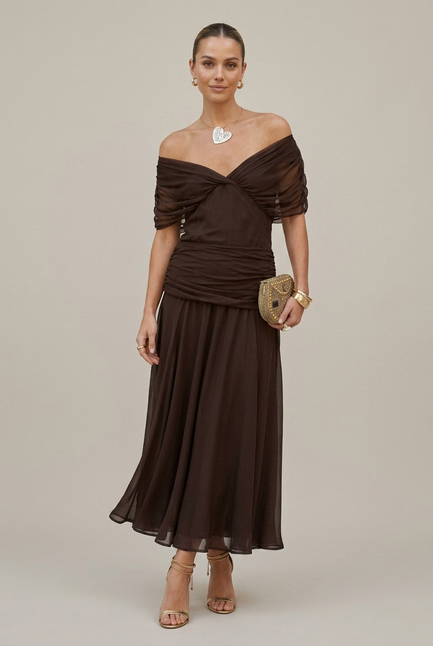 Women's Off Shoulder Maxi Dress Wrap V-Neck – Draped Ruched Waist
