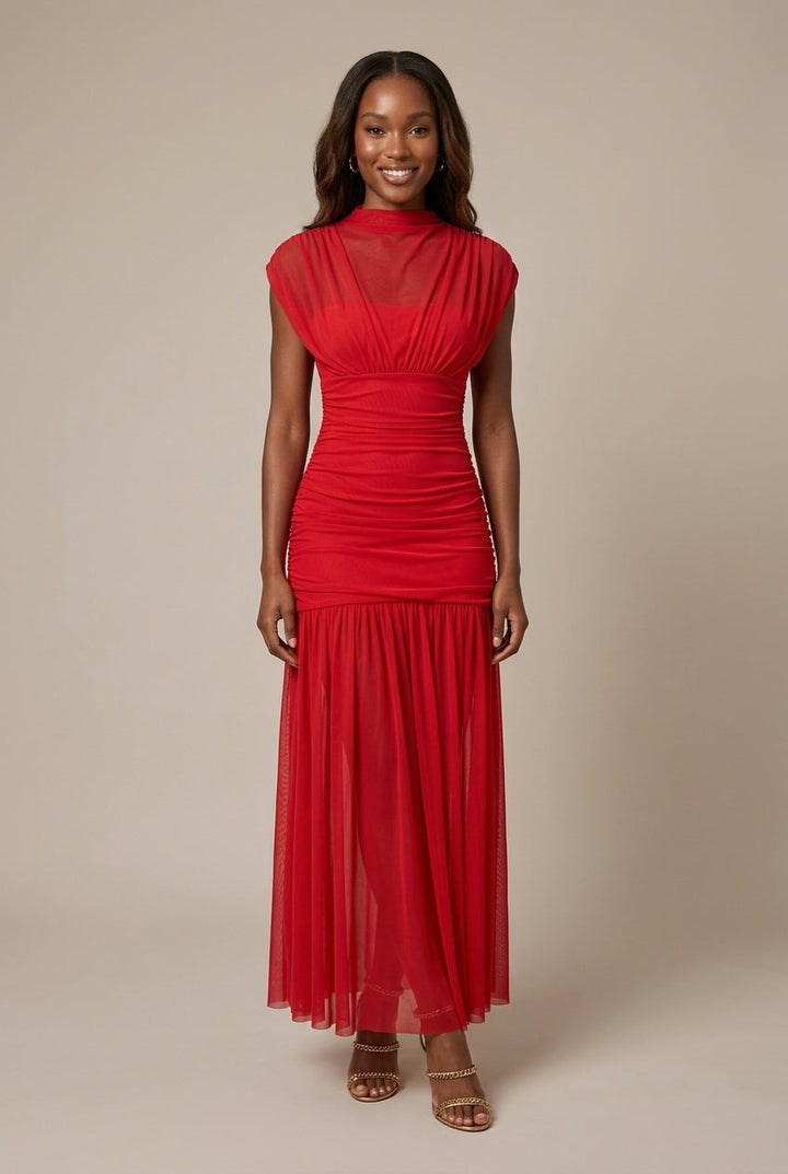 Women's Mesh Maxi Dress Drop Waist – Ruched Bodice High Neck