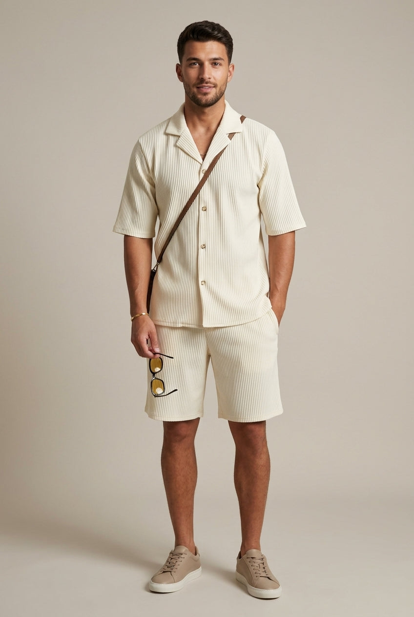 Men's Ribbed Two Piece Set – Short Sleeve Shirt & Drawstring Trousers
