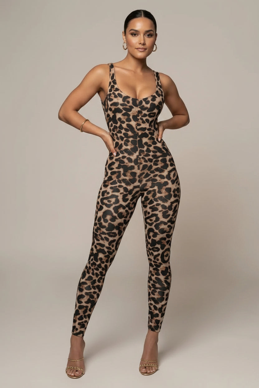 Printed Jumpsuit for Women – Soft Stretch Backless Cropped Square Neck