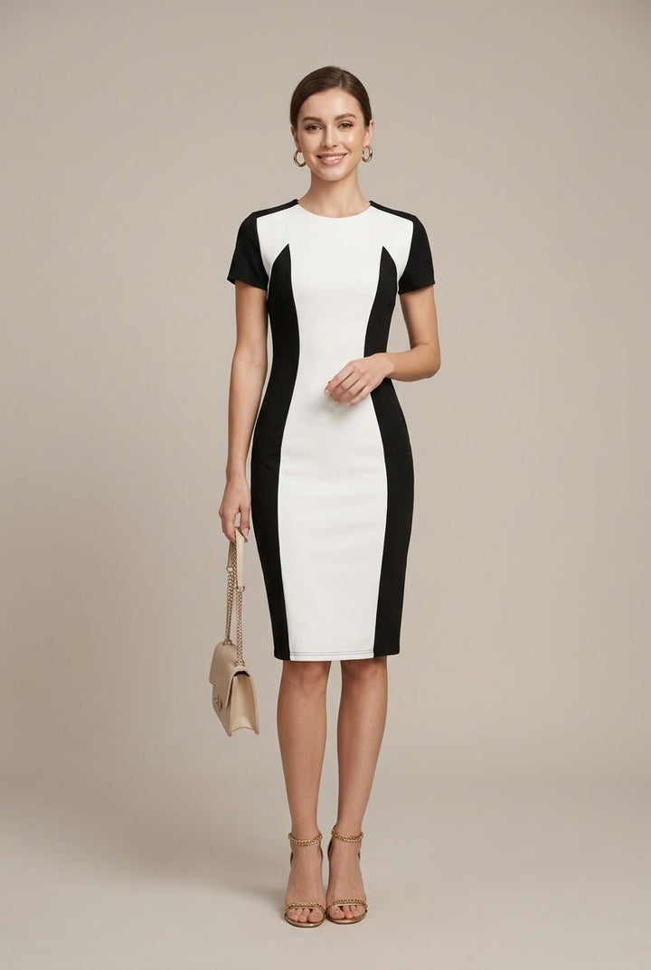 Women's Colour Block V-Neck Bodycon Midi Dress – Short Sleeve