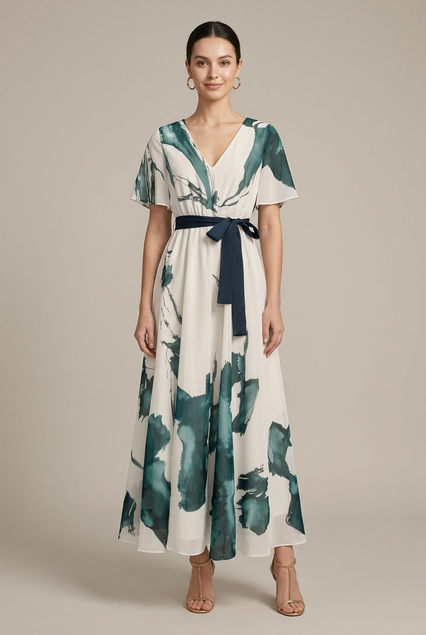 Women's Abstract Print Wrap Maxi Dress – Tie Waist V-Neck