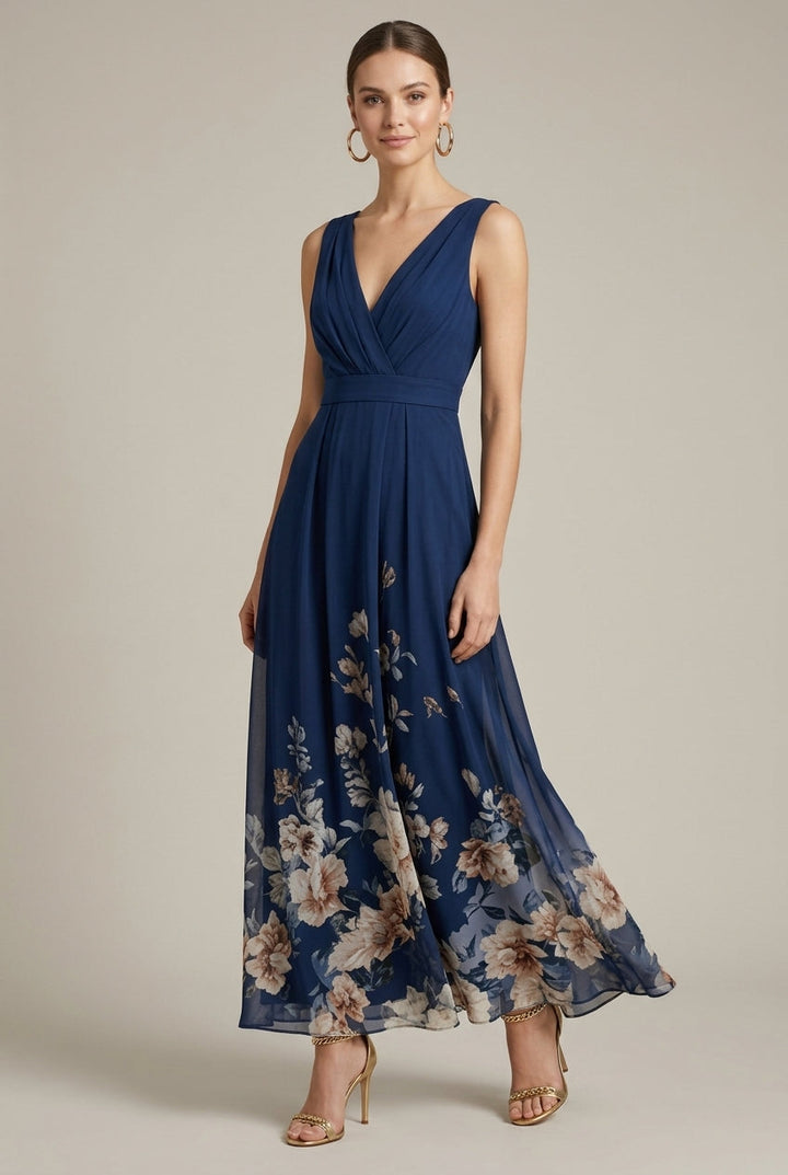 Women's Floral Border Print Maxi Dress – V-Neck Sleeveless