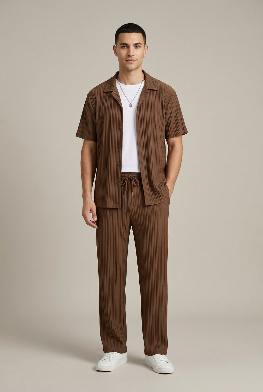Men's Two Piece Set – Textured Stripe Shirt & Drawstring Trousers