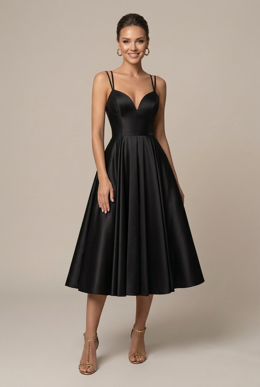 Women's A-Line Midi Dress Deep V Sweetheart – Spaghetti Straps